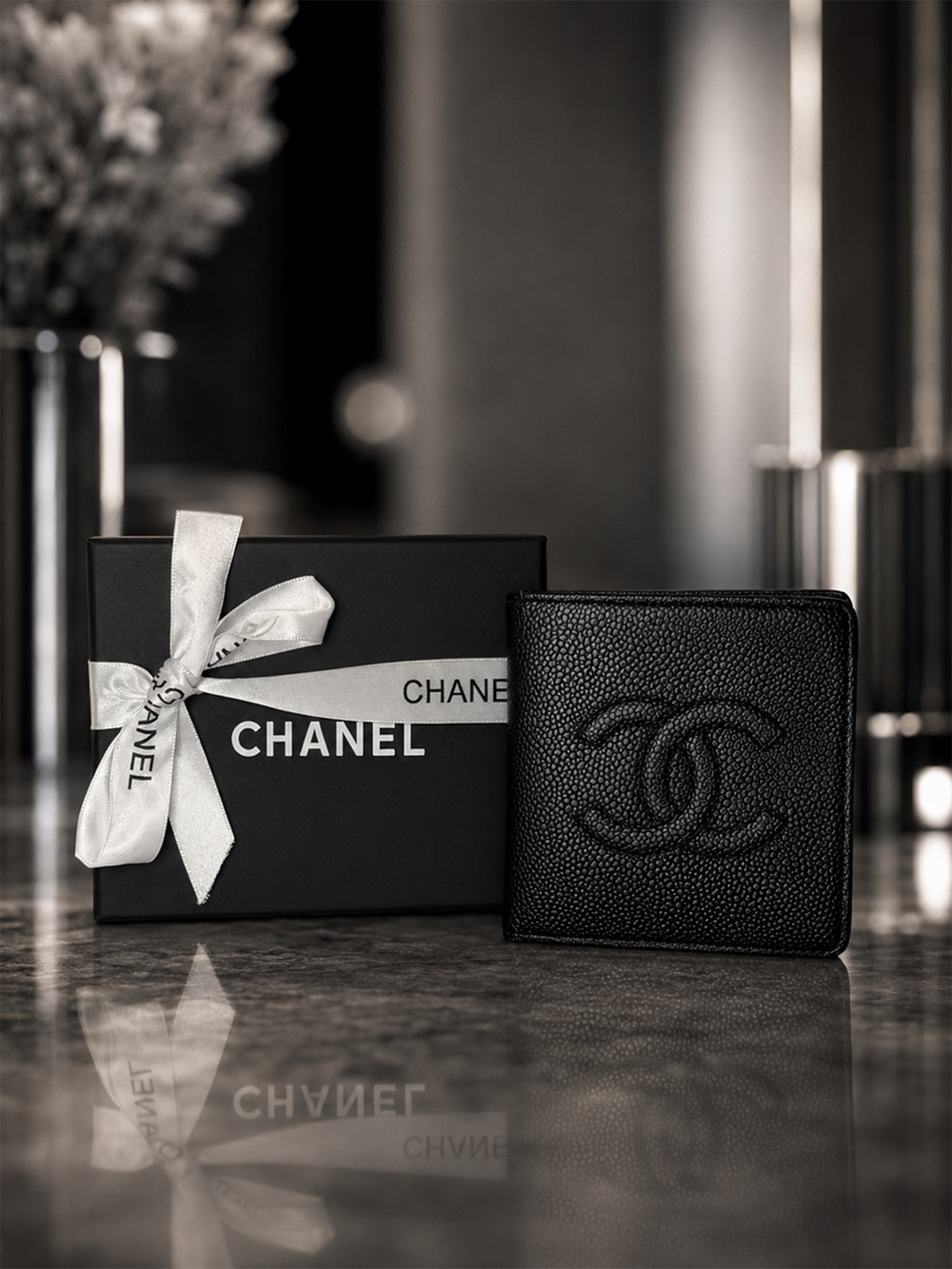 Chanel Black Caviar Leather Bifold Wallet CC Logo | Full Inclusion | Halo Intact